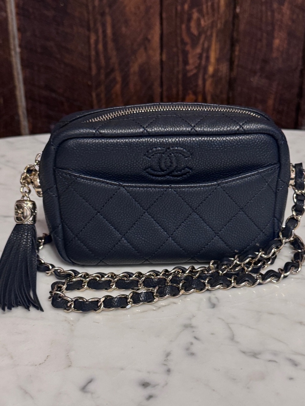 Chanel Mini Coco Tassel Camera Bag Navy Caviar Gold Chain – Like New